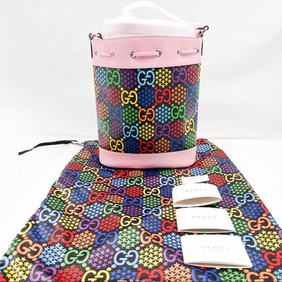 Gucci Psychedelic Multicolor Print Bucket Bag Pink with Drawstring - Picture 4 of 16